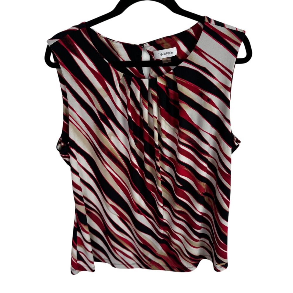 Calvin Klein Women's Top Blouse Size 1X Red Black White Striped Sleeveless